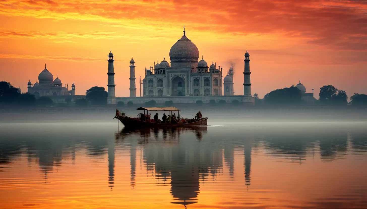 A breathtaking view of the iconic Taj Mahal at sunrise, taken with a Nikon D850.