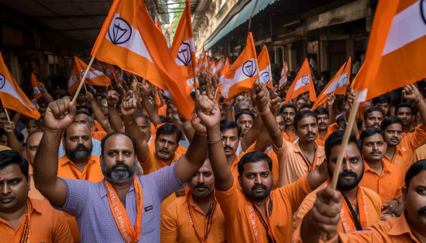 A group of Hindu nationalists waving flags and chanting slogans in support of the 'Bharat' movement, taken with a Sony Alpha A7 III.