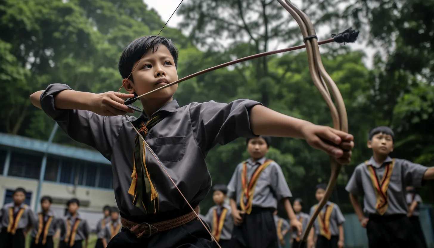 A student demonstrating archery skills during an inclusive extracurricular activity at a school. Taken with a Nikon D850.