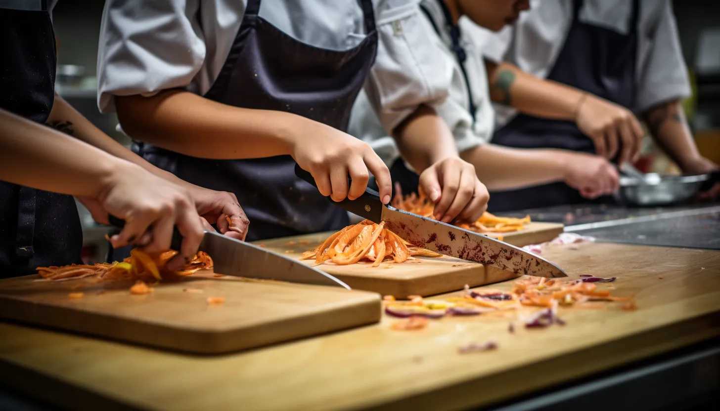 Students in a culinary class engaged in preparing a meal, using kitchen knives as part of their educational experience. Taken with a Sony Alpha a7 III.