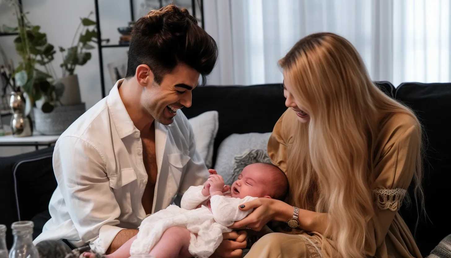 Joe Jonas holding their newborn daughter while Sophie Turner looks on with joy, photographed with a Nikon D850.