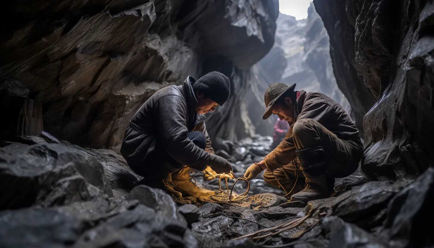 Archaeologists carefully extracting the swords from the rock crevice in the secluded cave - taken with a Sony A7 III