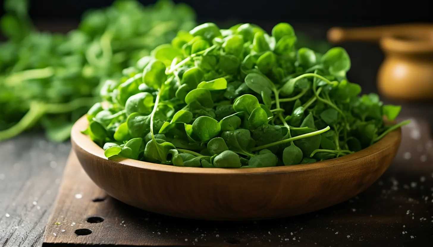 A close-up shot of fresh watercress, the number one powerhouse food on the CDC's list, captured with a Canon EOS R6.