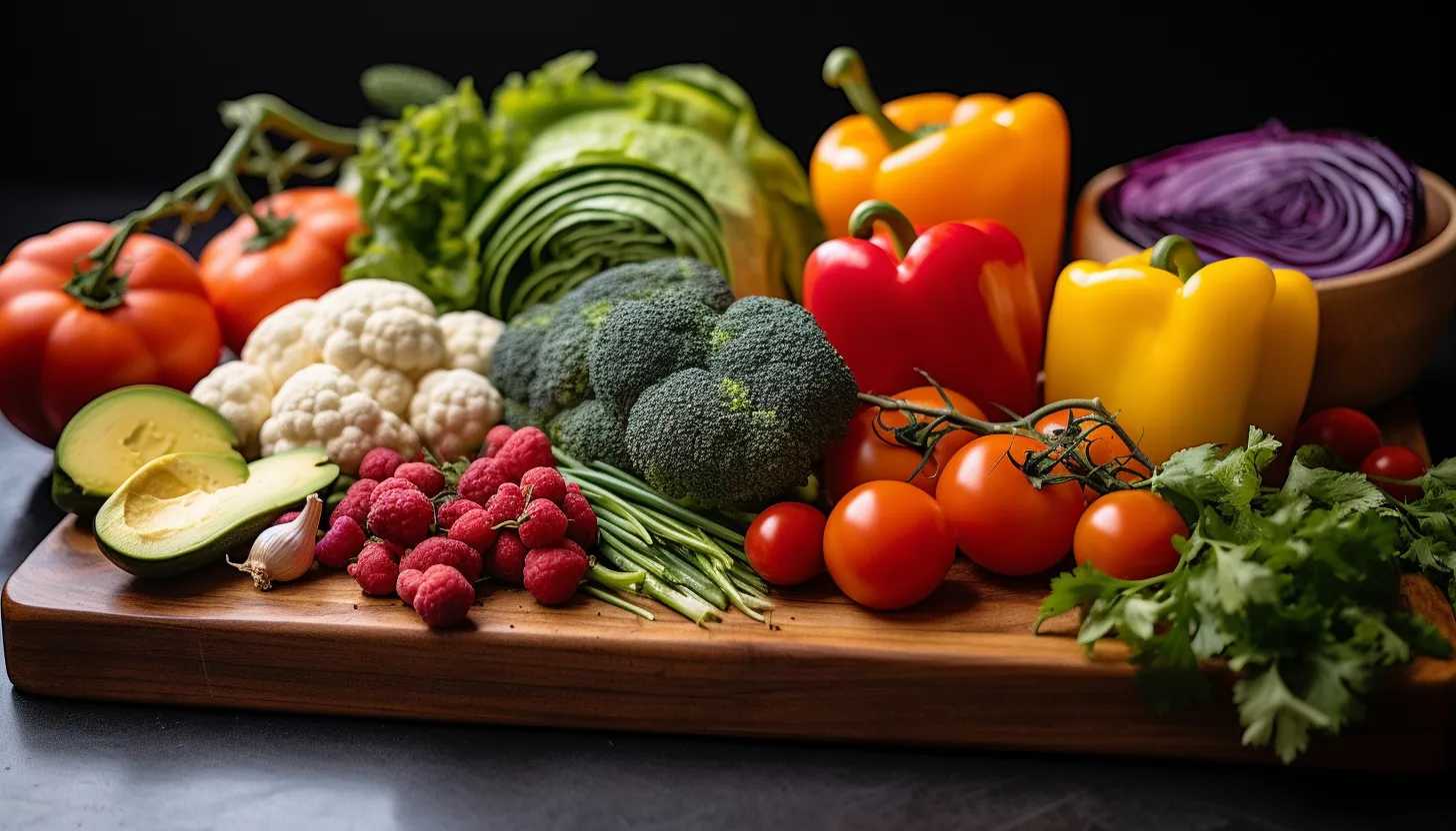 A mouthwatering image of a variety of vegetables and fruits displayed on a wooden cutting board, beautifully photographed using a Sony Alpha A7 III.