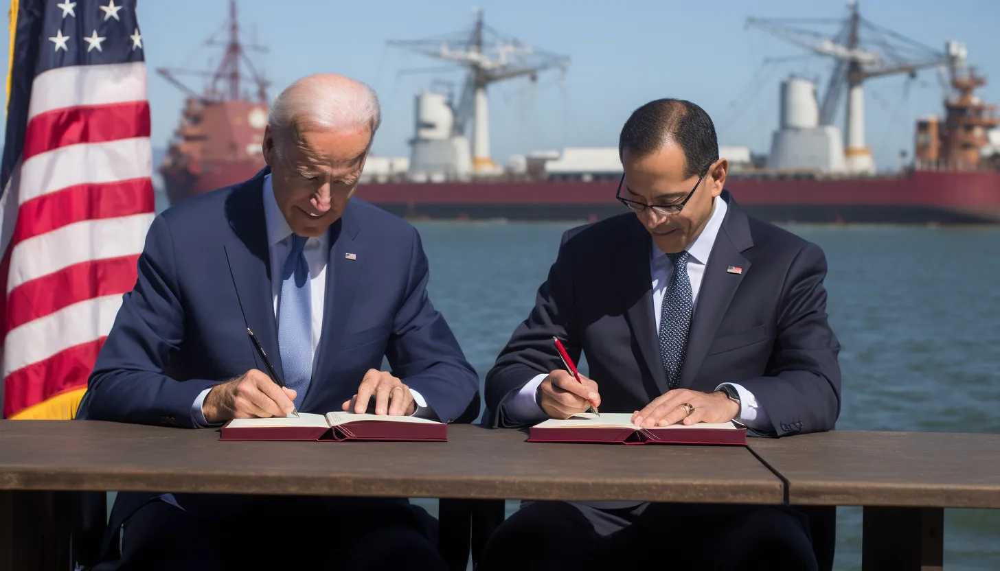 A photo of President Joe Biden signing the contract between the International Longshore and Warehouse Union and the Pacific Maritime Association, taken with a Nikon D850.