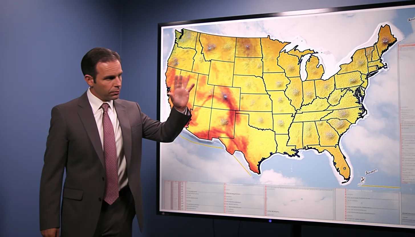 A weather forecaster in front of a map, intensely monitoring the progress of Tropical Storm Hilary. The map should indicate the storm's current position and its projected path through the Southern California and Las Vegas regions, underlining the scale of the climate event. Taken with a Canon EOS 5D Mark IV.