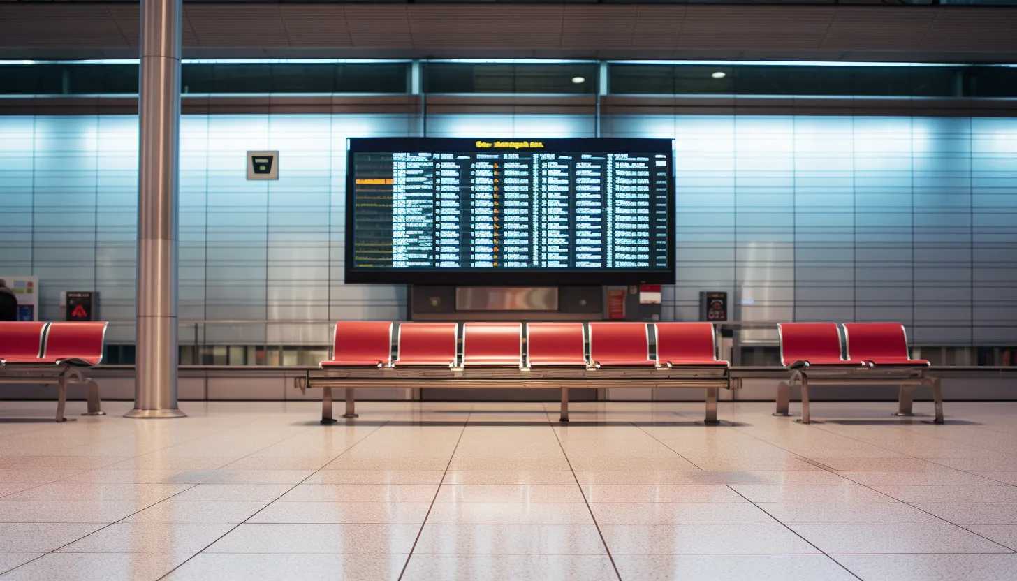A picture of a deserted airport, the departure board clearly showing numerous flight cancellations as evident signs of the storm's disruptive effects. Taken with a Nikon D850.