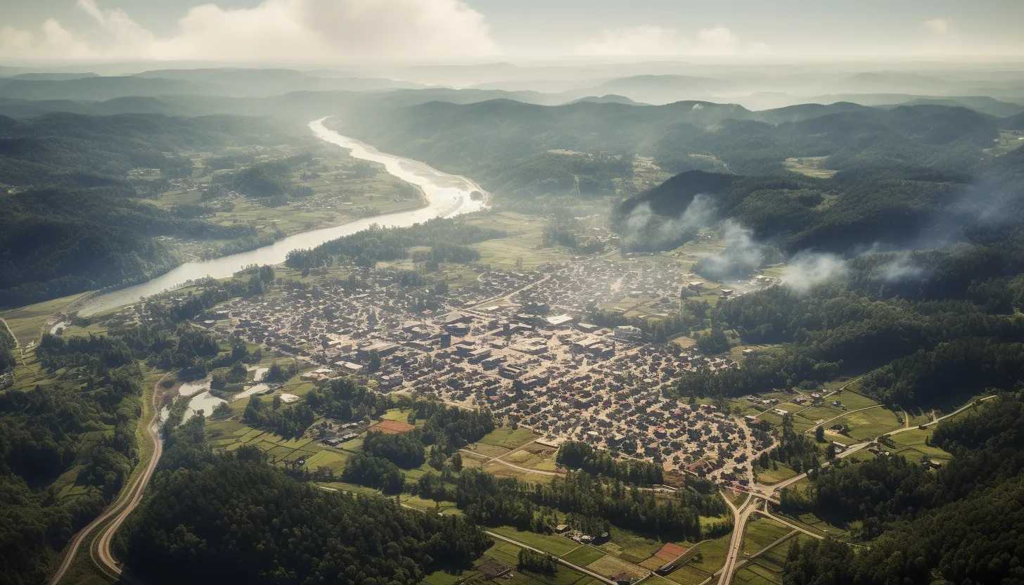 An aerial view of Paden City, capturing the community nestled amidst the picturesque landscapes, taken with a Sony A7 III camera.
