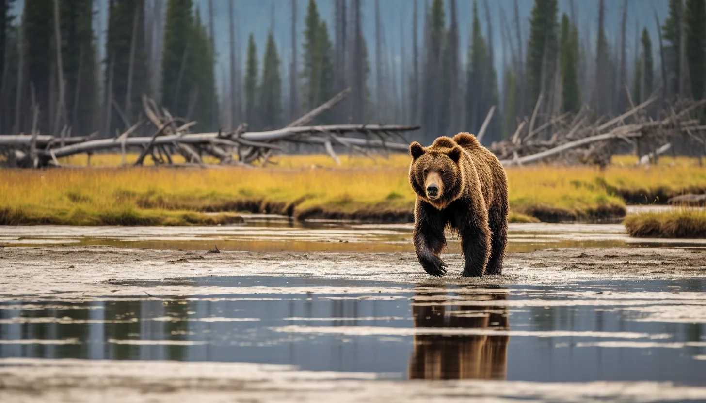 A stunning photo of a grizzly bear roaming the vast wilderness of Yellowstone National Park, taken with a Nikon D850.