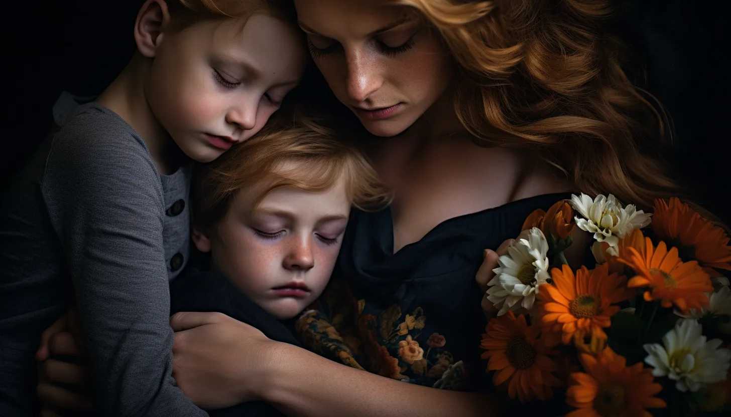 Devastated mother Sadie Myers embracing her 4-year-old twins, Aurora and Kellan, in a heartwarming family photo (taken with Nikon D850).