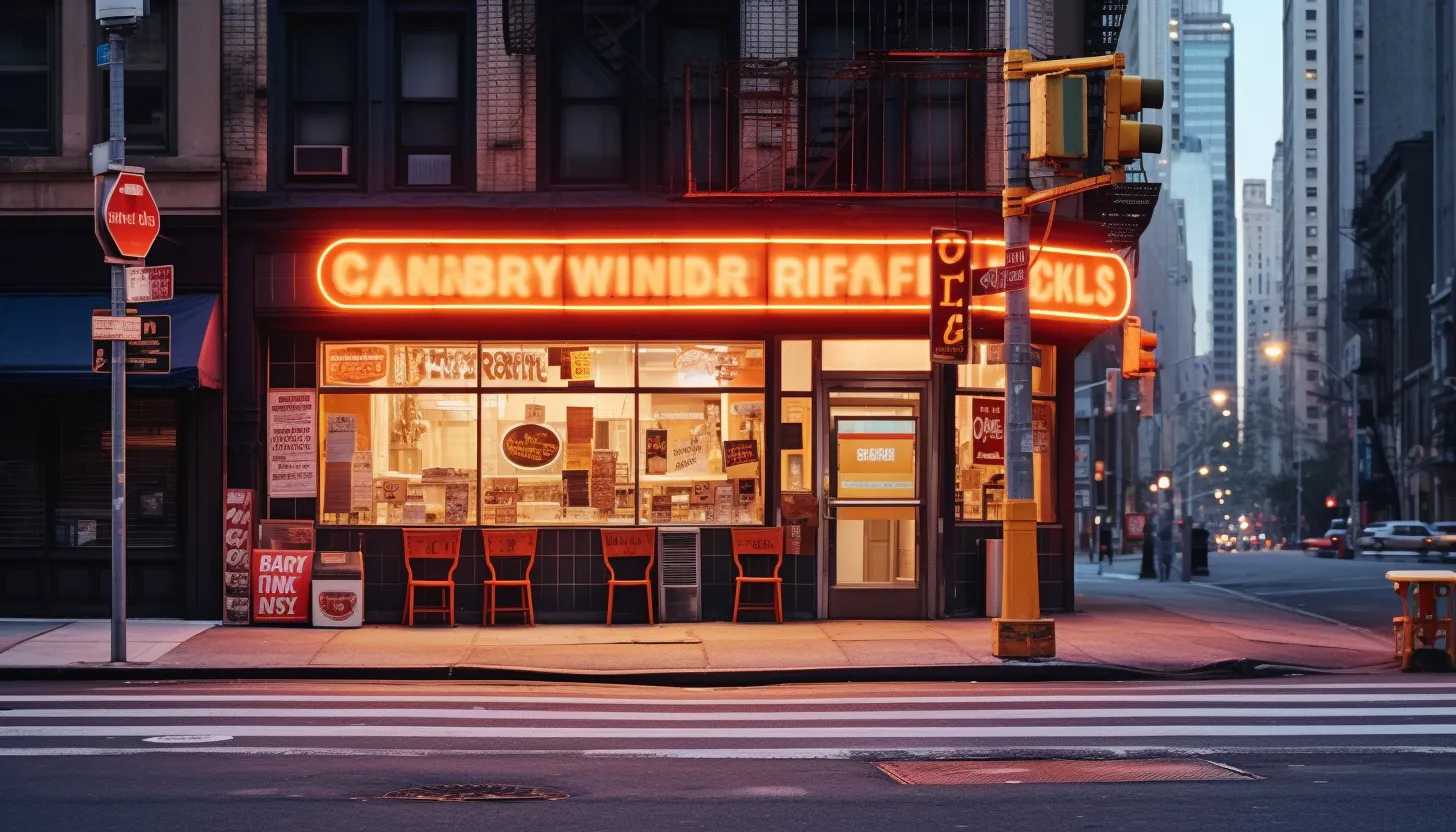 An image of a segregated Dunkin' shop in the bustling streets of New York, bathed in the golden glow of dusk. Try to capture the allure of the neon sign amidst the metropolitan backdrop. Taken with Nikon D850.