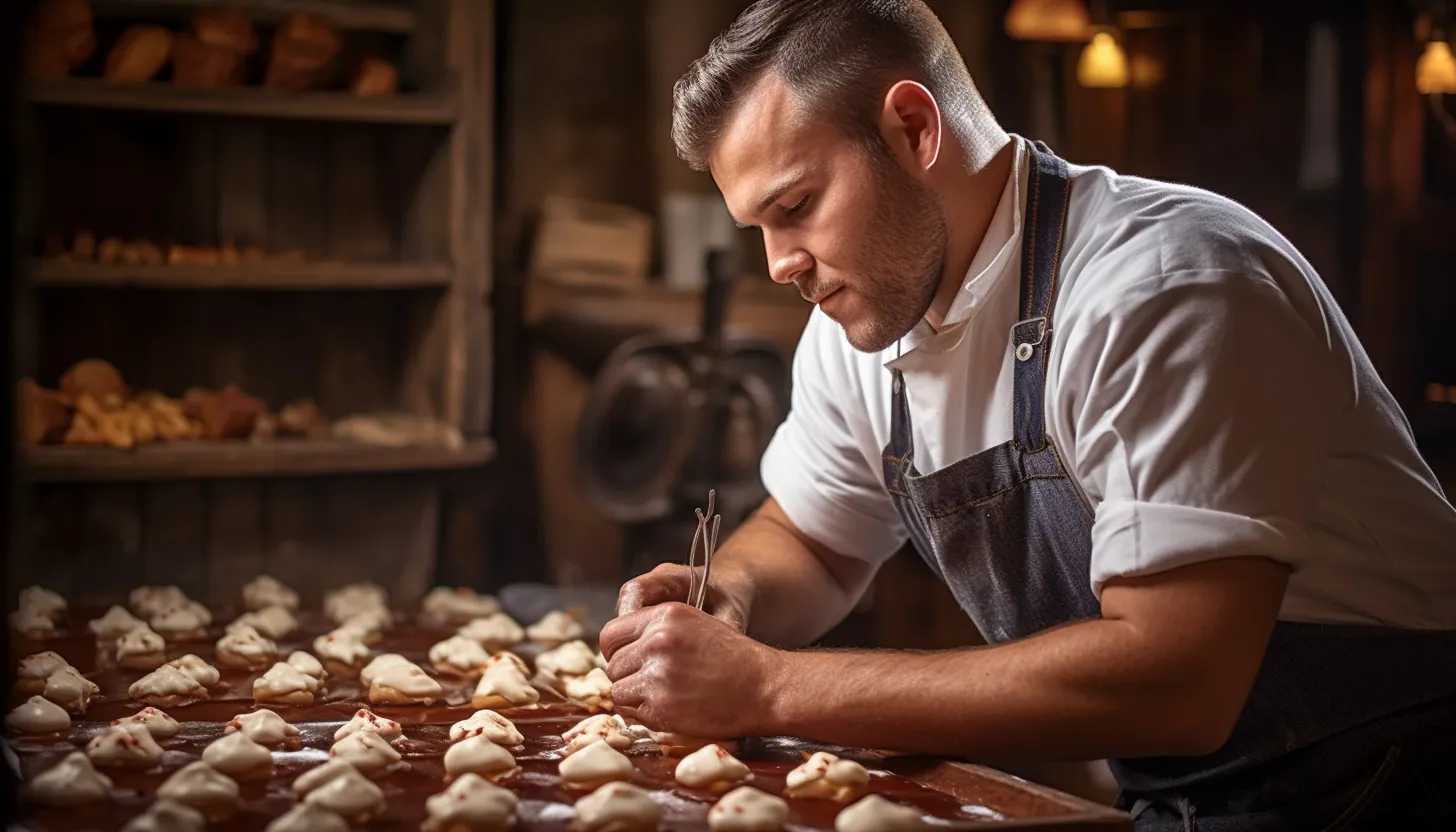 A photograph of a pastry chef delicately crafting a doughnut in a rustic local bakery. Emphasize their concentration and devotion to the doughnut art. Taken with Sony Alpha a7 III.