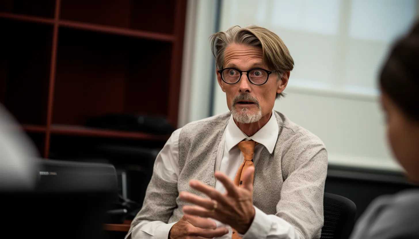 A candid shot of Kit Parker, the Harvard bioengineering professor, engaging in a passionate discussion about free speech, taken with a Canon EOS R5.
