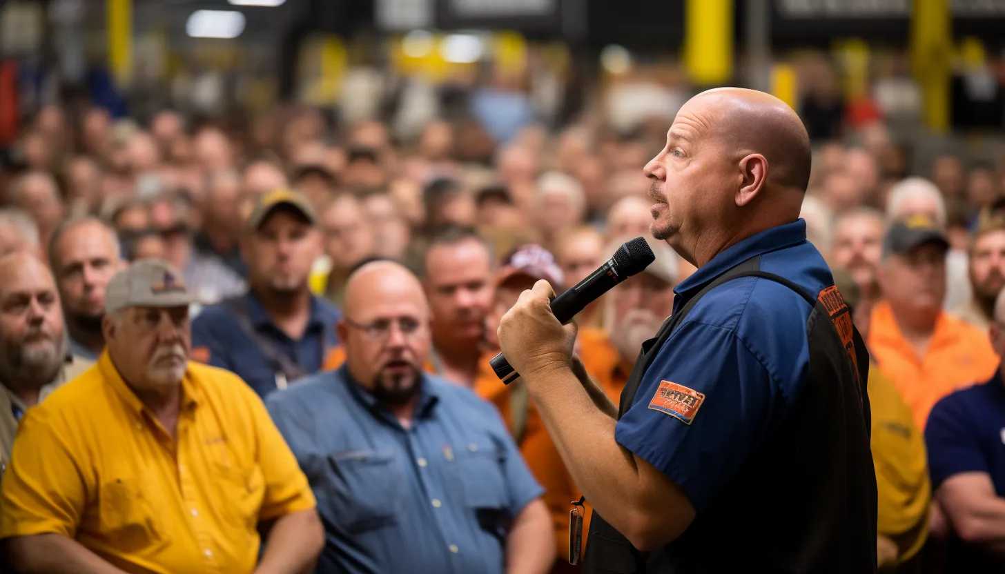 A photo of UAW President Shawn Fain passionately addressing a crowd of autoworkers, taken with a Canon EOS 5D Mark IV.