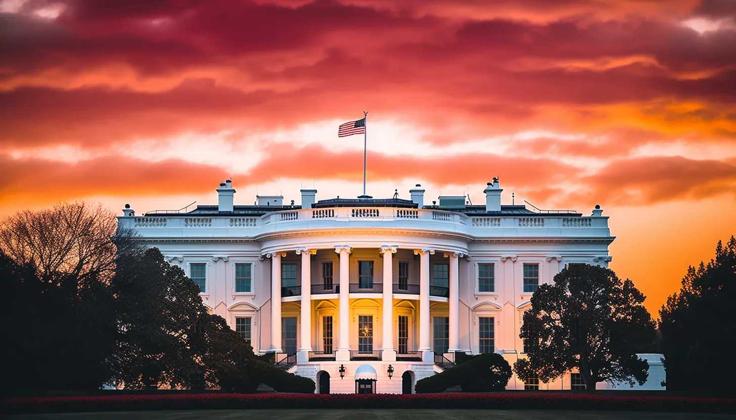 A snapshot of the White House with a vibrant sunset backdrop, symbolizing the desire for a fresh start and a new face in the presidency, taken with a Sony A7 III camera.
