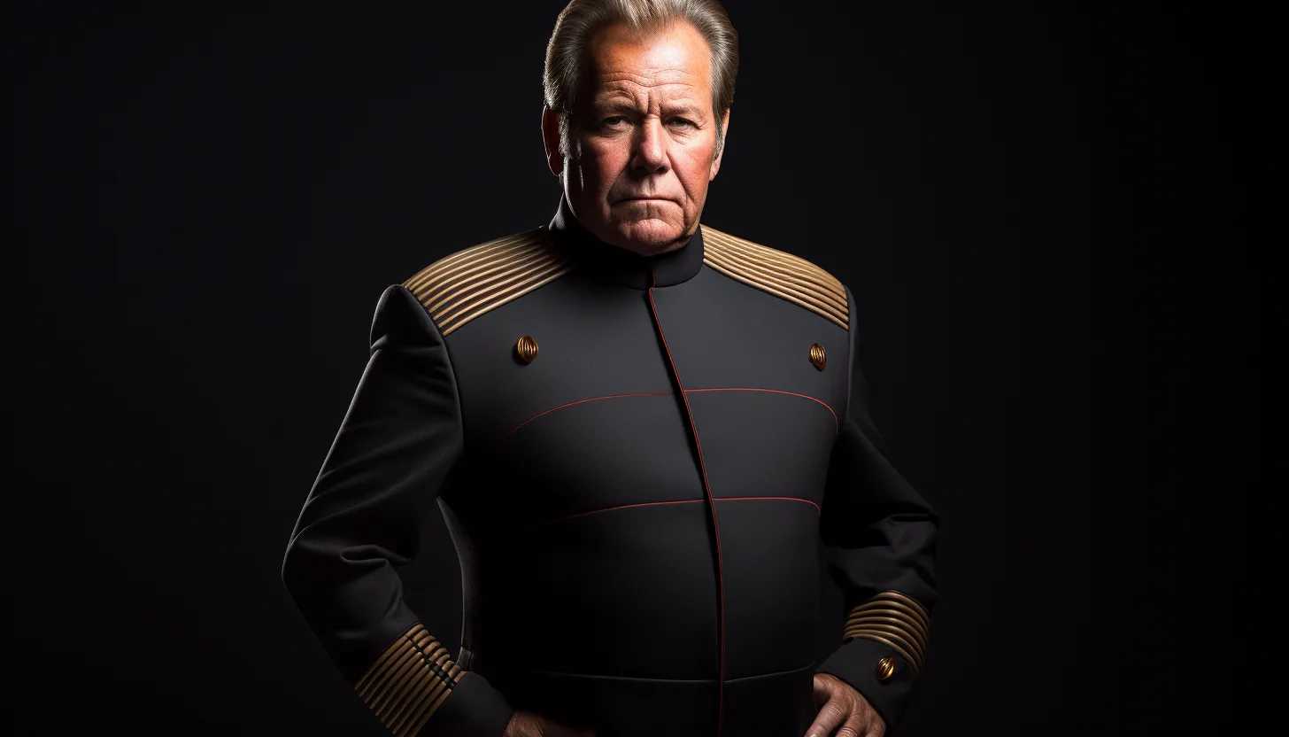 A photo of actor William Shatner as Captain James T. Kirk from the iconic TV series 'Star Trek', taken with a Nikon D850.
