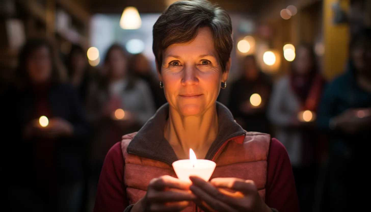 An intimate portrait of a candlelit vigil held by the community at Laura Ann Carleton's shop. The image should emphasize the unity and strength of the community in the face of tragedy, showing a single individual holding a lit candle. (Taken with Canon EOS 5D Mark IV)