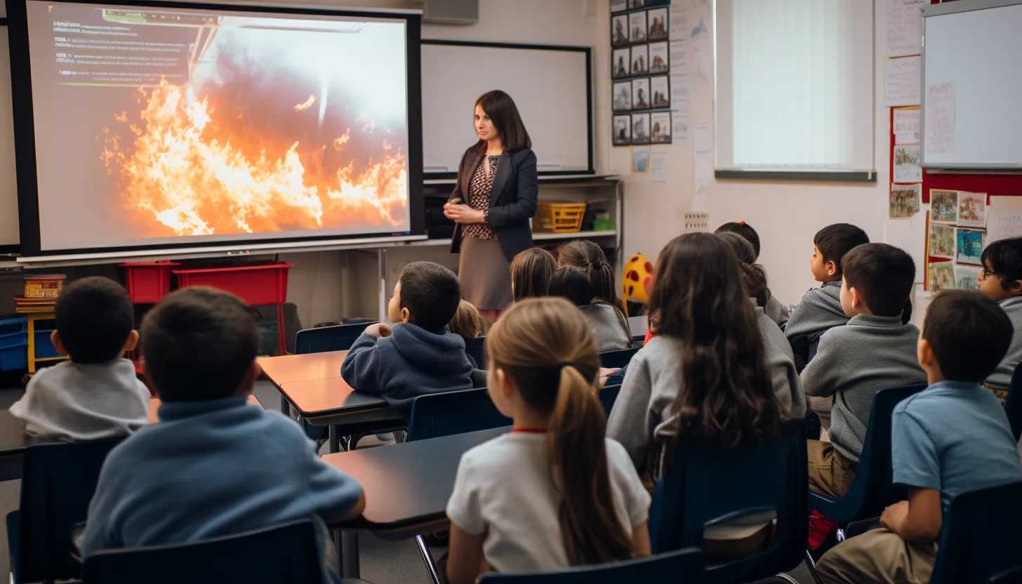 A group of children gathered around a teacher, watching a video lesson about 9/11 on a classroom projector, taken with a Sony Alpha a7 III.