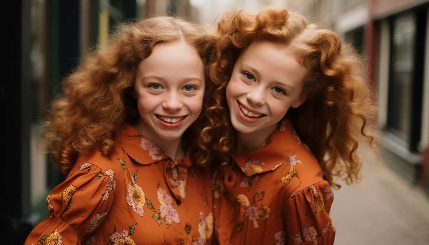 Two smiling twin sisters wearing matching outfits, taken with Canon EOS 5D Mark IV