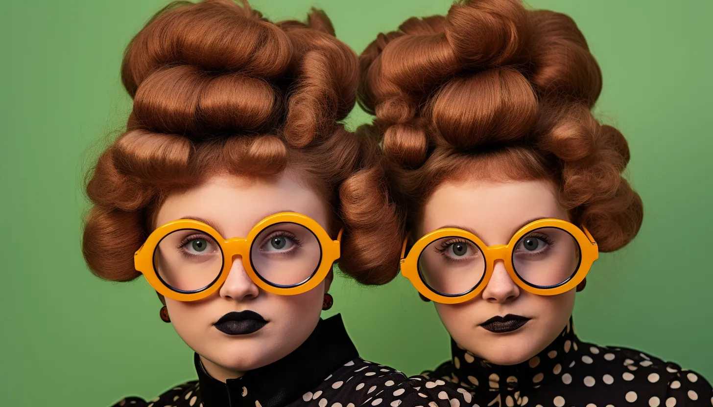 Close-up of twin sisters' matching glasses and hairstyle, taken with Nikon D850