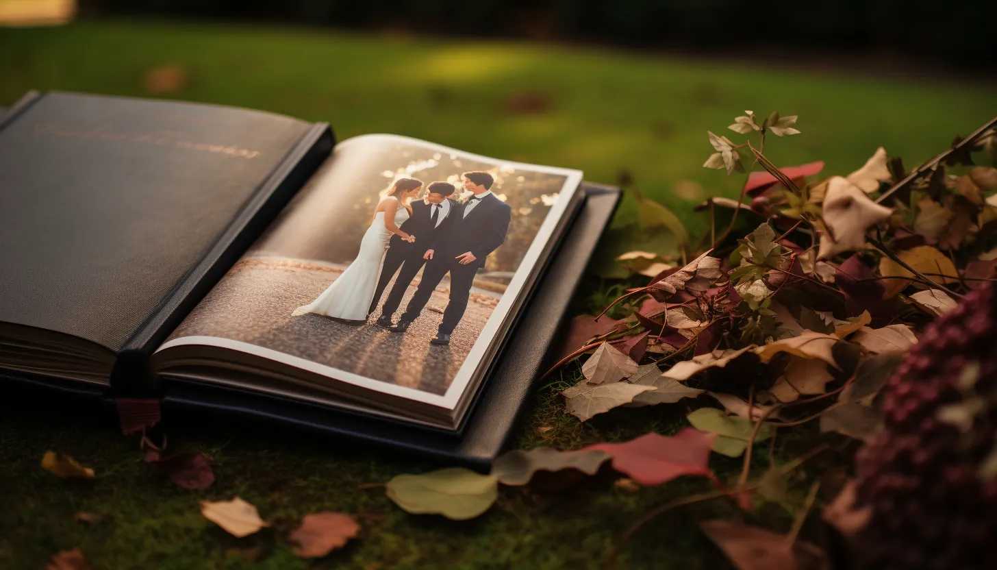 A close-up shot of a wedding album with a comical caption that reads 'A day at the park: We had a picnic, then walked around the park collecting pretty leaves.' Photo taken with a Nikon D850.