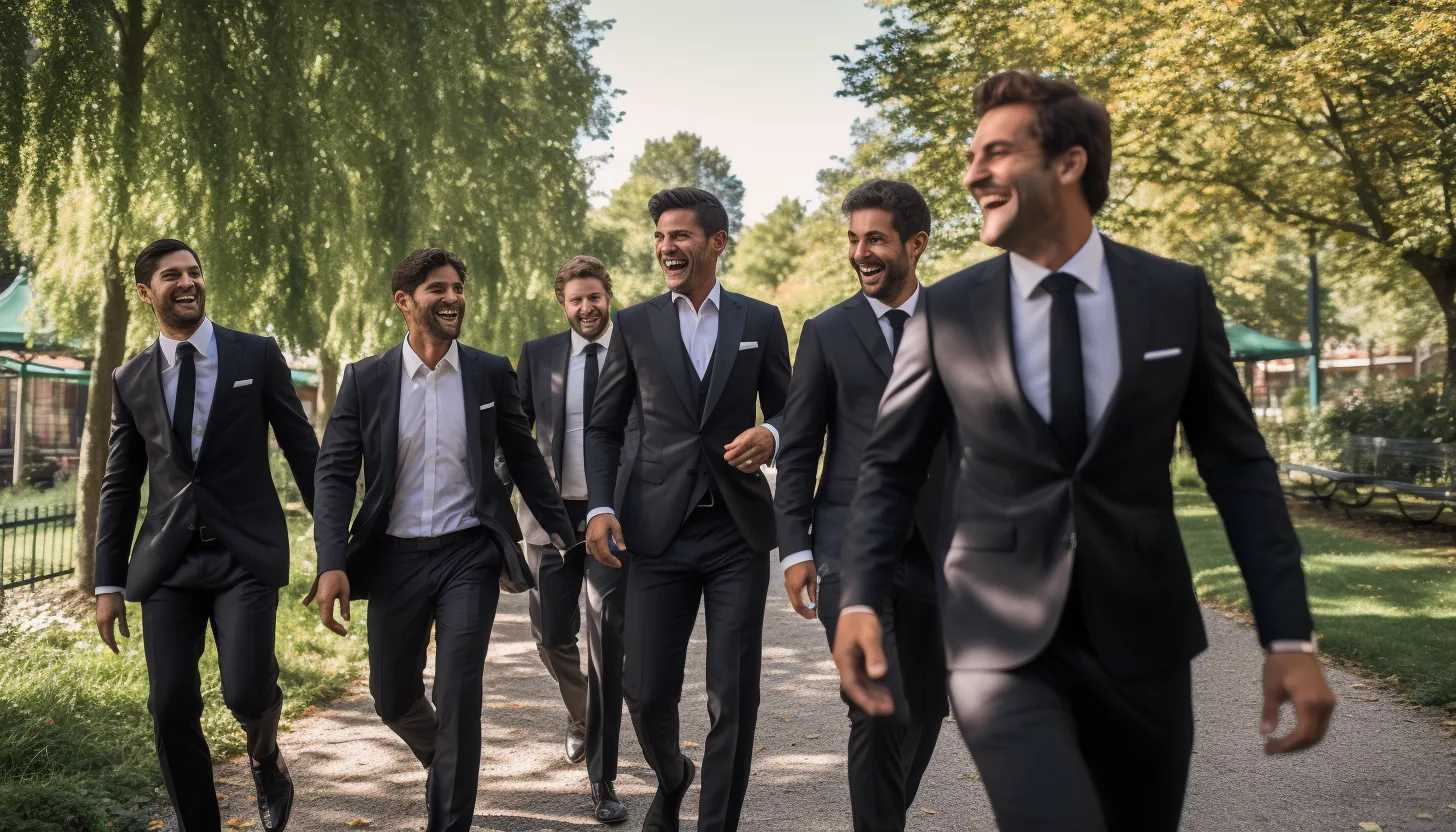 A group of groomsmen enjoying a lighthearted moment, dressed in their suits as they take a walk in the park. Photo taken with a Sony Alpha A7 III.