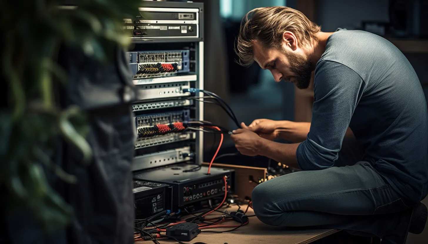 A professional IT technician adjusting the placement of a router in a central location, high off the ground taken with a Sony A7 III