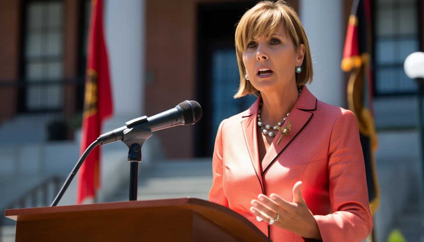 A photo of Governor Michelle Lujan Grisham delivering a speech on gun violence, taken with a Canon EOS R camera.