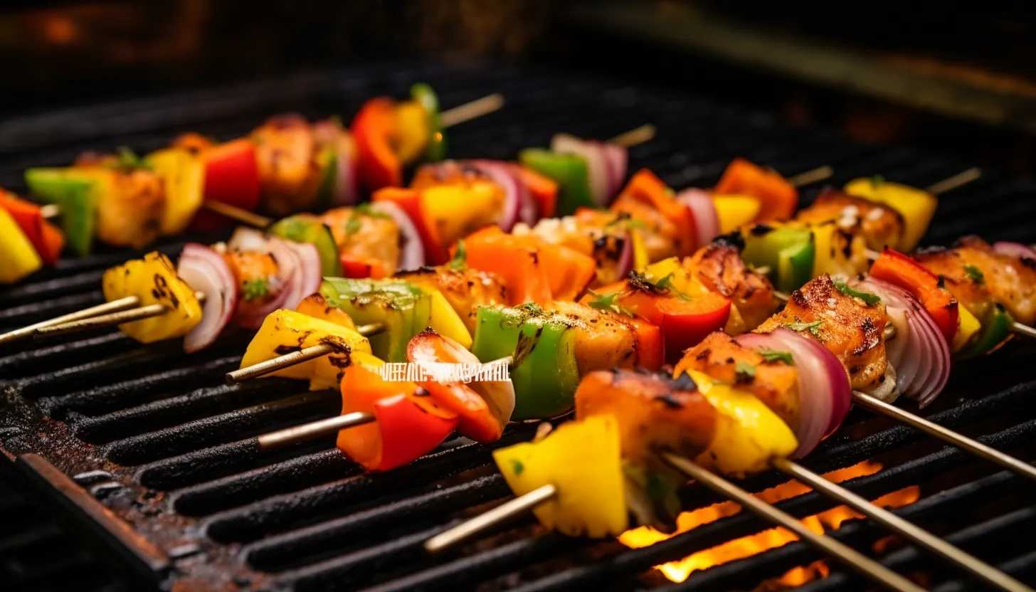 A mid-preparation shot of the skewers being grilled on a medium heat burner. The skewers are being expertly turned for even grilling, the vibrant colors of the green bell pepper, spring onions, pineapple chunks and marinated chicken standing out beautifully against the grill. Vapor is seen rising up from the grill, a testament to the sizzling and aromatic cooking process. (Taken with Sony Alpha a7R II)