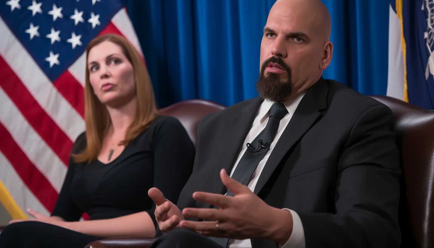 Pennsylvania Democrat Senator John Fetterman engaging in a serious conversation with reporter Liz Brown-Kaiser about the impeachment inquiry. (Photo taken with Sony A7 III)