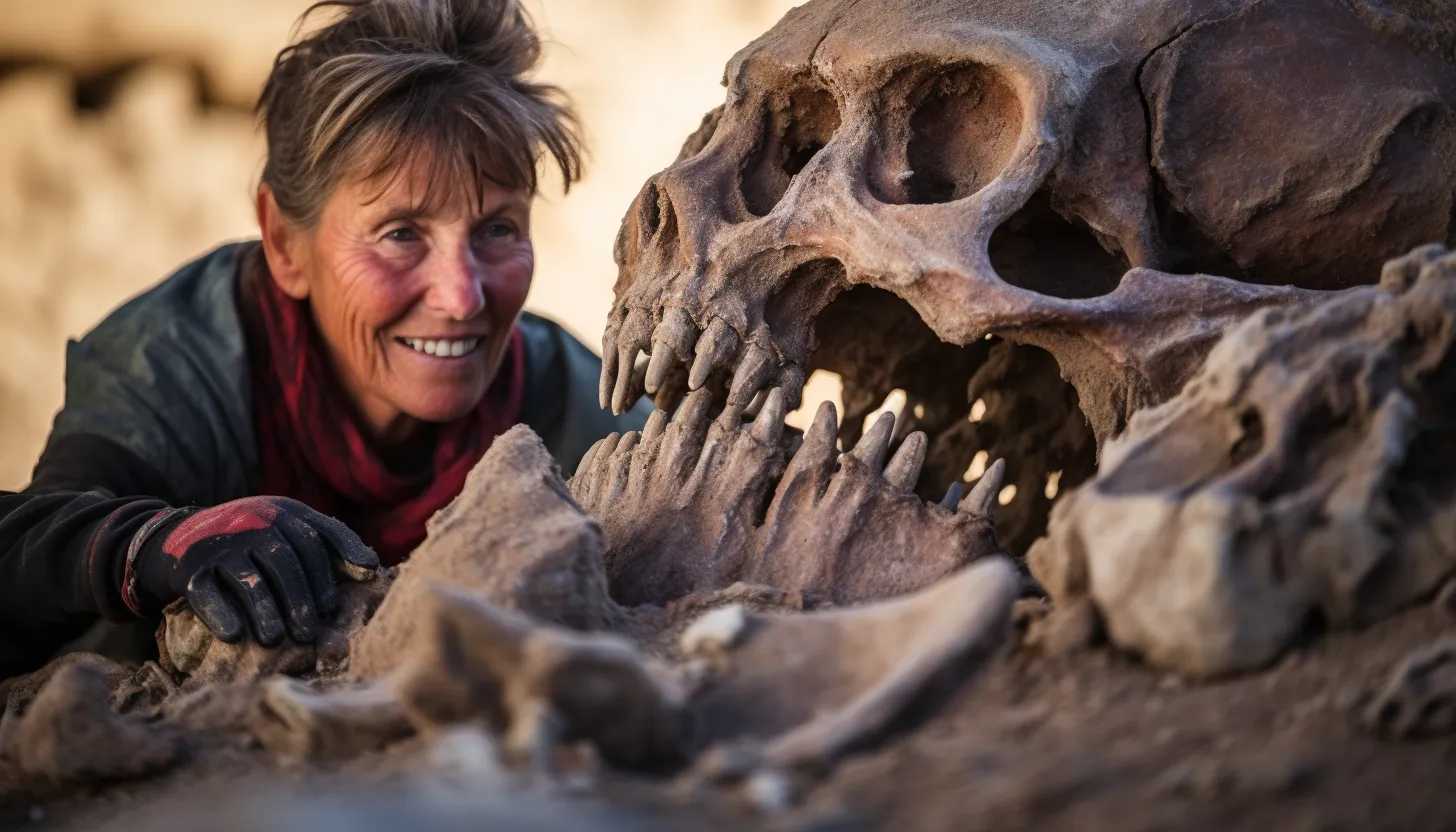 Sue Hendrickson carefully excavating the Tyrannosaurus rex fossil from the eroded bluff in South Dakota, her face showing a mix of concentration and delight. Taken with a Nikon D850.