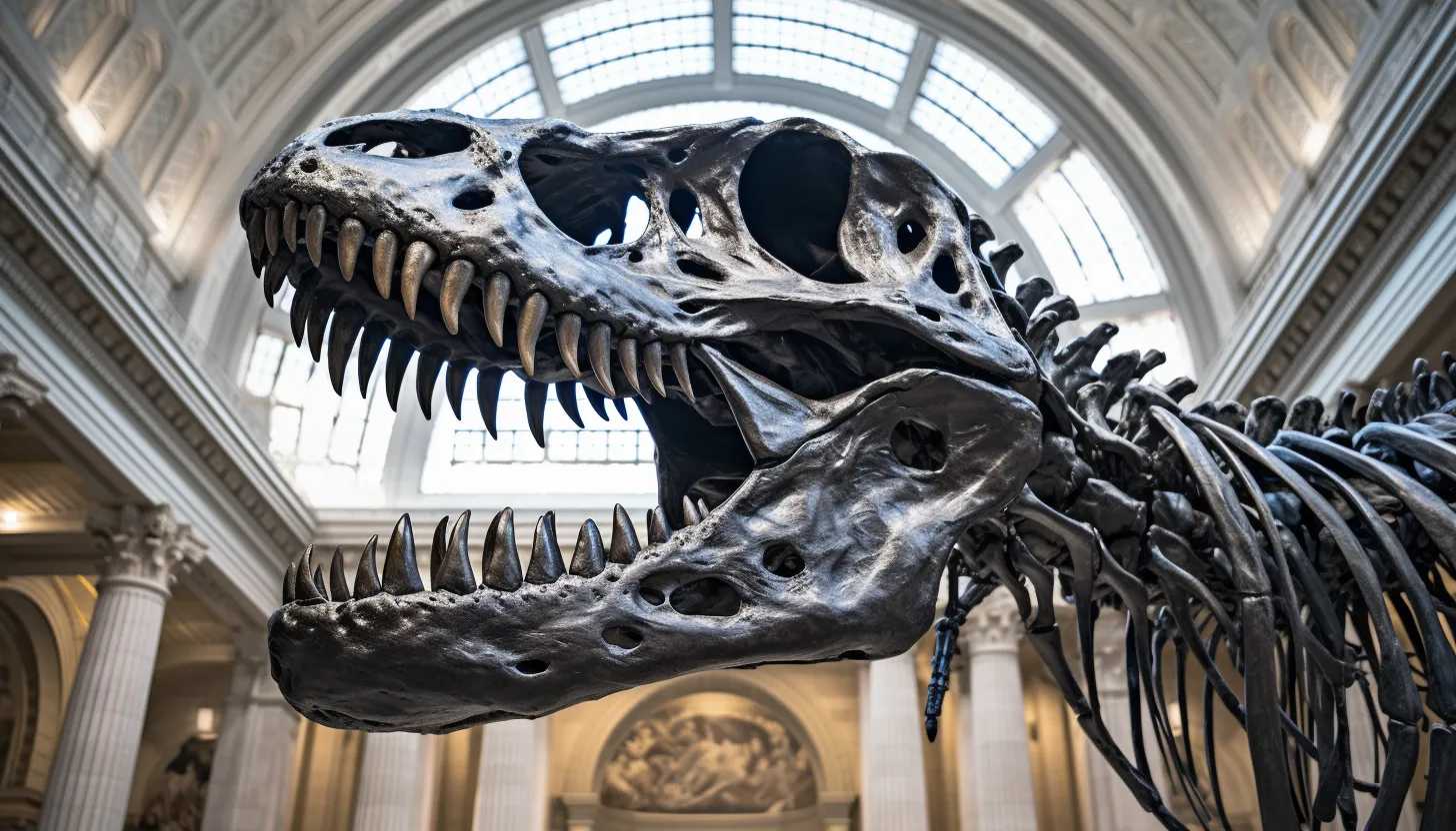 A close up shot of the Tyrannosaurus rex skeleton named 'Sue' in the Griffin Halls of Evolving Planet at the Field Museum, highlighting the massive structure of the dinosaur. Taken with a Canon EOS 5D Mark IV.