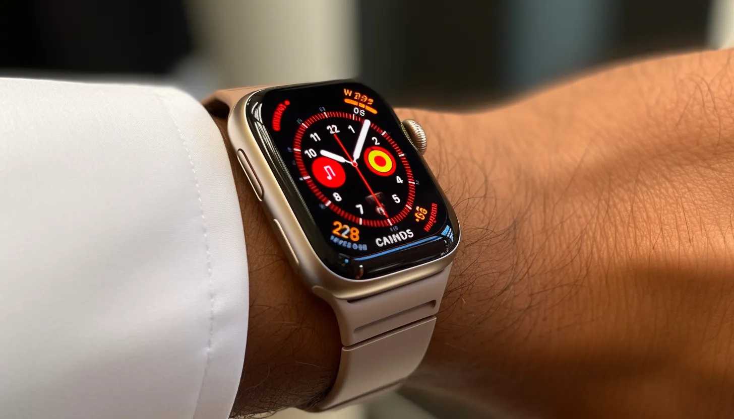 A close-up shot of a user double tapping on the Apple Watch Series 9, demonstrating the 'Double Tap' feature, captured with a Canon EOS R5.