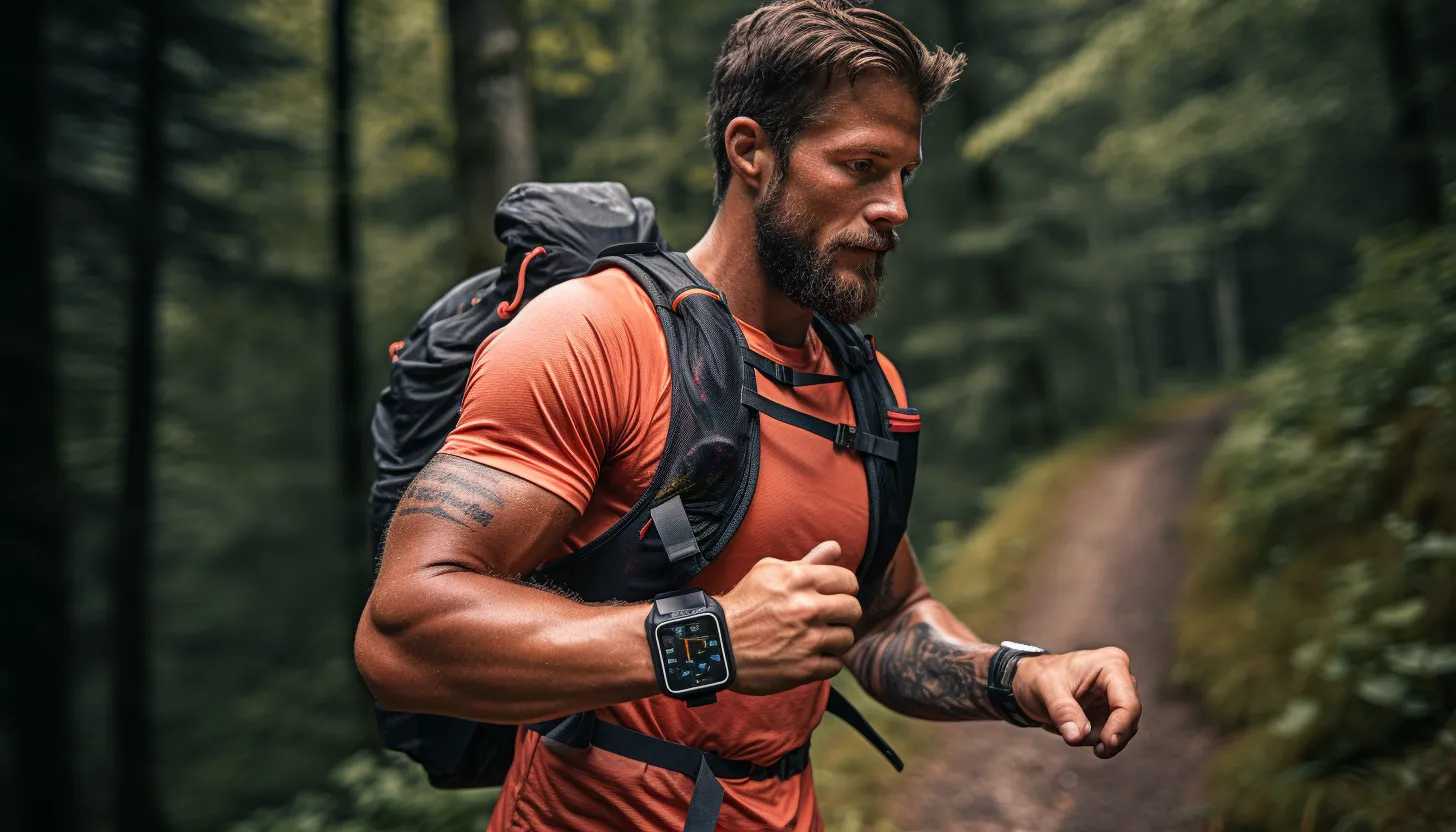 An outdoor adventure enthusiast wearing the Apple Watch Series 9 while cycling, with the app displaying cycling-related data, captured with a Sony Alpha A7R IV.
