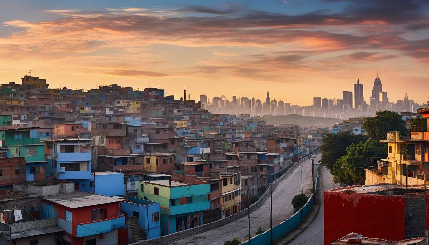 A vibrant panorama of the bustling city of Guayaquil, capturing the stark contrast between the thriving urban life and the looming walls of gated communities. Taken with a Canon EOS 5D Mark IV.