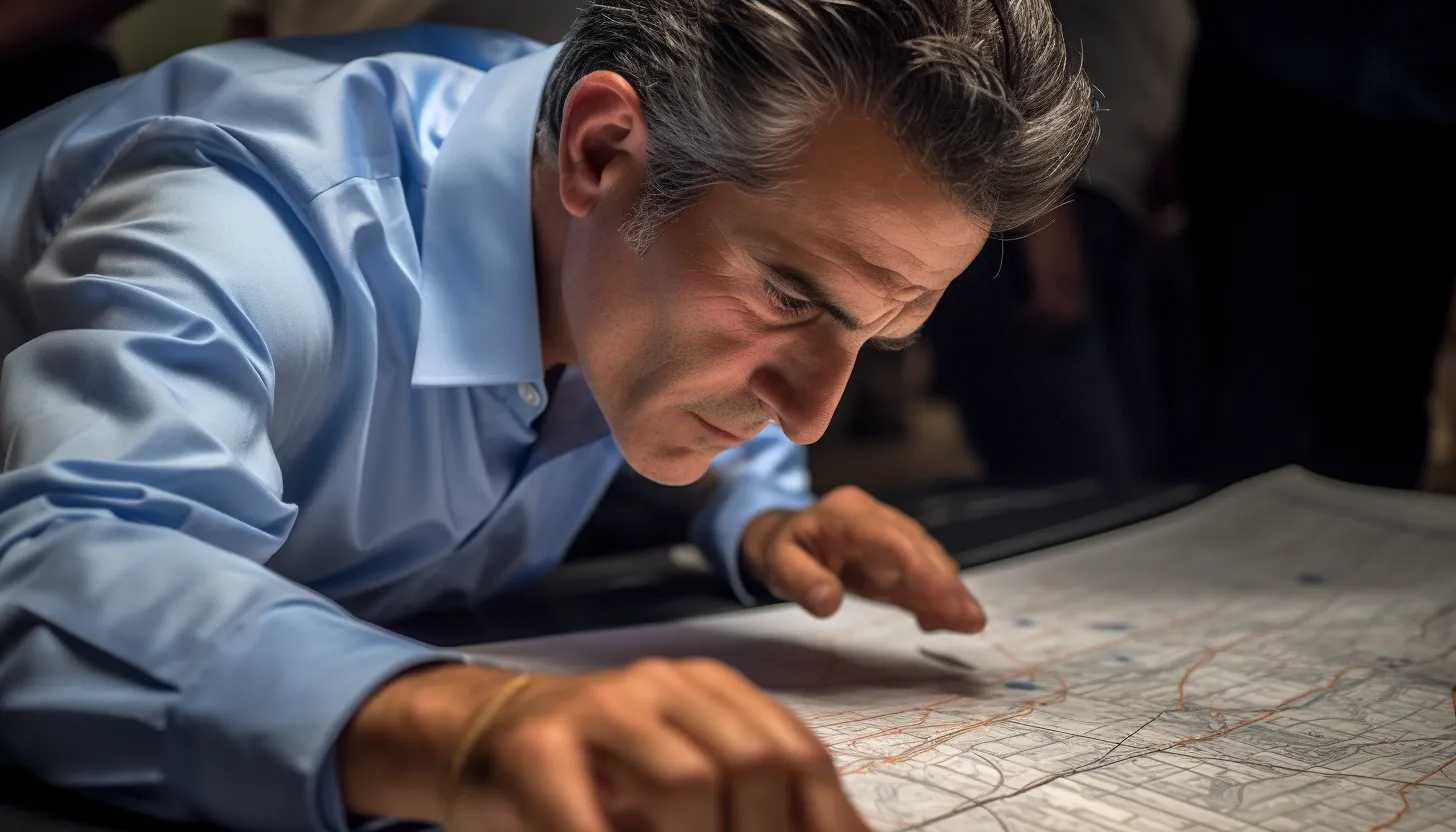 A close-up shot of Fernando Carrion, the public safety expert and urban planner studying a blueprint of Guayaquil, his furrowed brows reflecting the weight of the escalating crime situation. Taken with a Nikon D850.