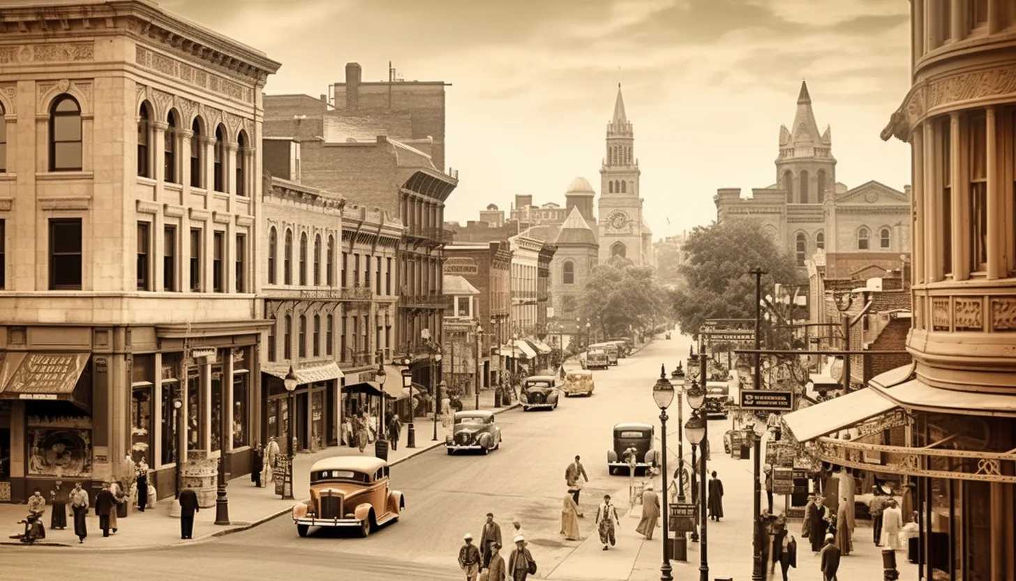 A sepia-toned image captures the bustling streets of Providence, Rhode Island during World War II, reminding us of the hometown Searle left behind to serve his country.