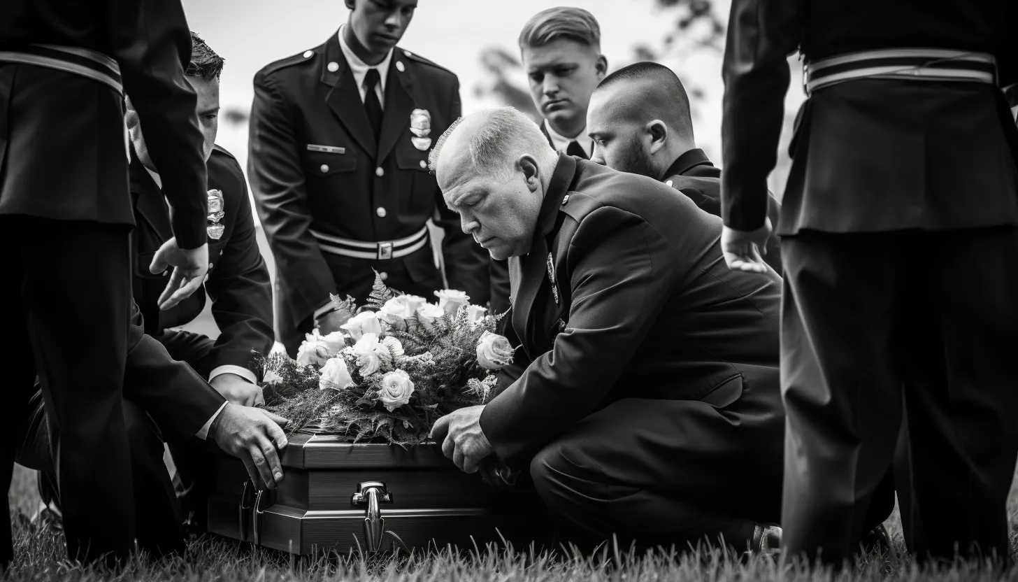 A black and white photograph of a solemn burial ceremony, taken with a Nikon D850, symbolizes the final respect and gratitude shown to fallen hero Roy Searle in Lake Worth, Florida.