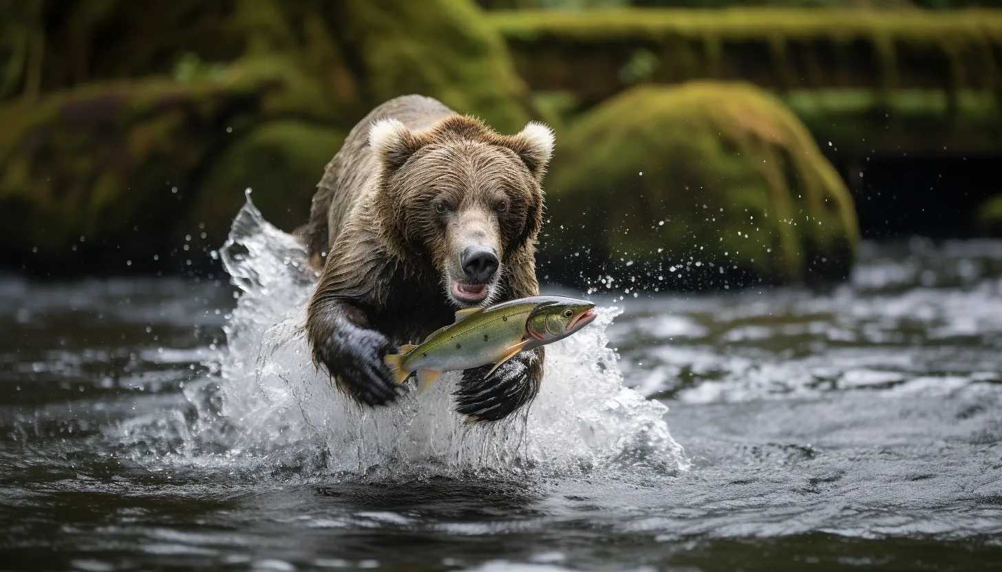A close-up shot of a majestic bear catching salmon in the wild, photographed with a Sony A7 III.