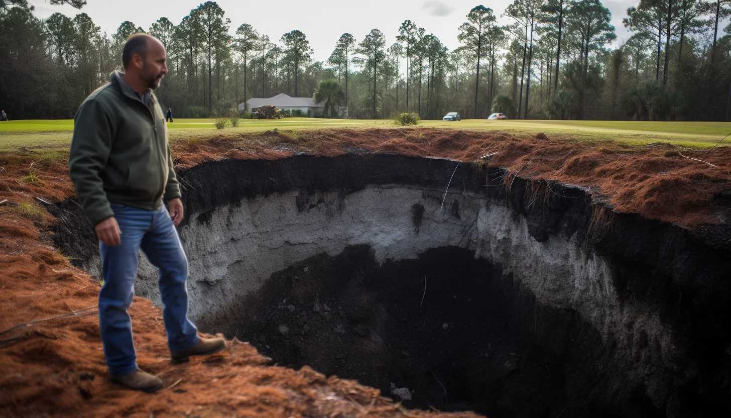 Joseph Kedzuf, owner of Acres at Scott Lake LLC, inspecting the area where the sinkhole formed, captured with a Nikon D850 camera.