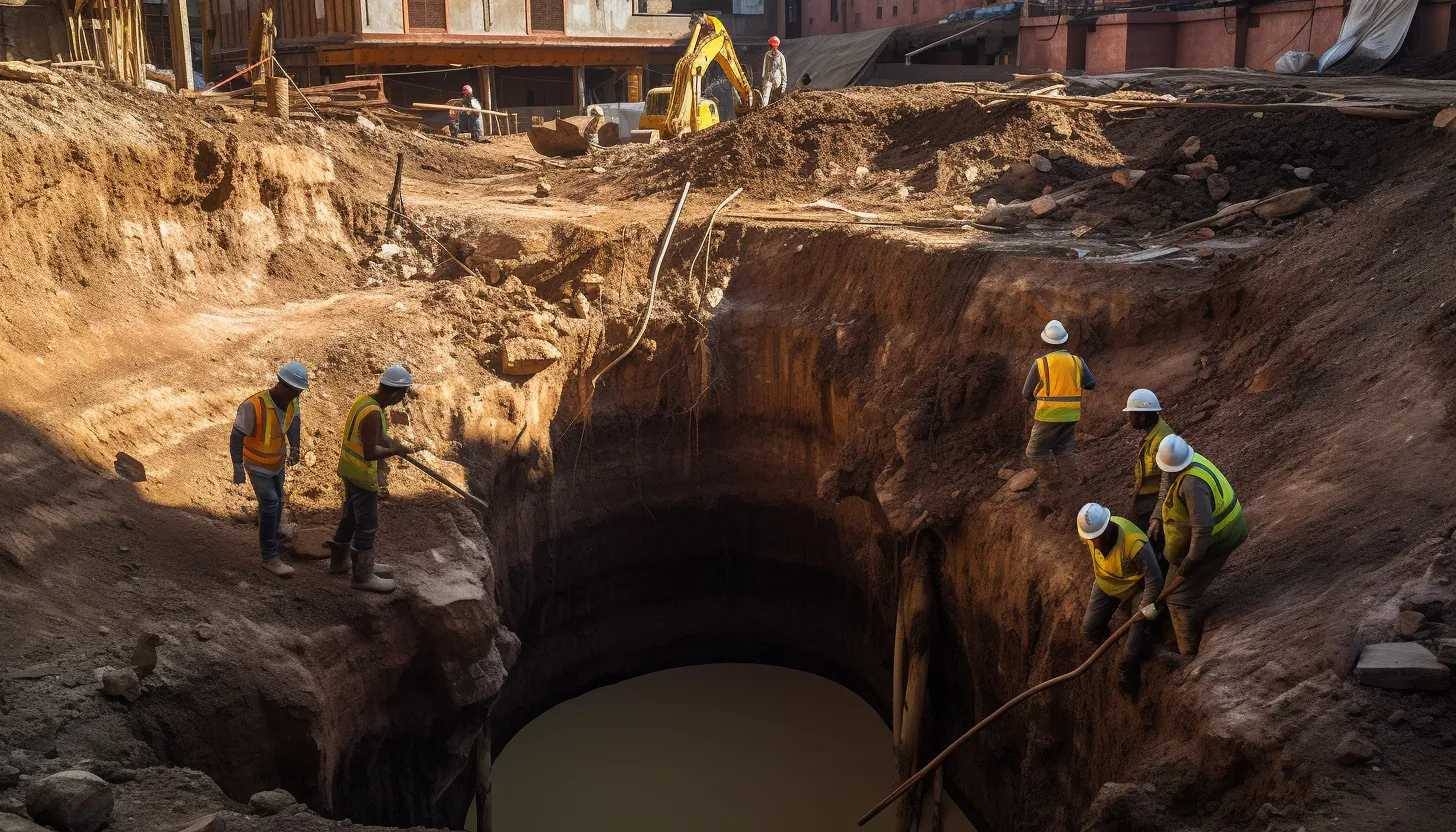 Construction workers filling the sinkhole with dirt to ensure the safety of the property, photographed with a Canon EOS 5D Mark IV.