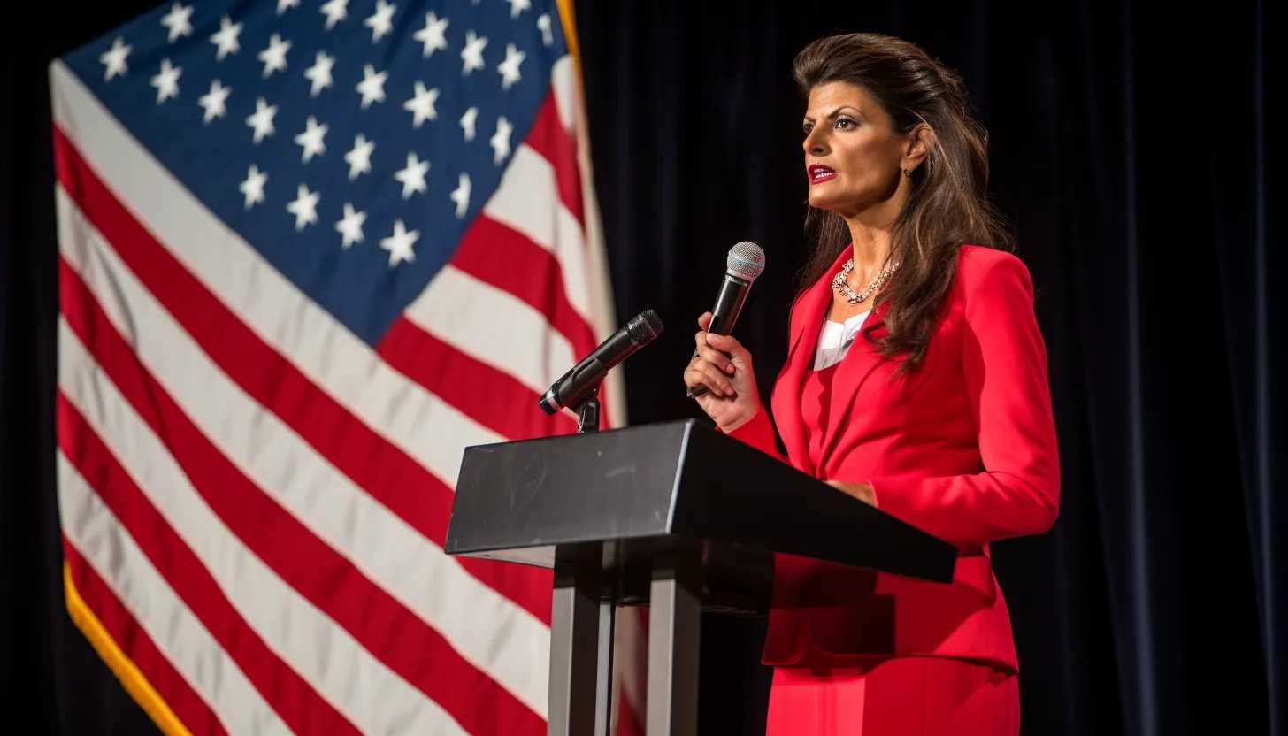 Former South Carolina Gov. Nikki Haley speaking at the Republican Party of Iowa's annual Lincoln Dinner in Des Moines, Iowa, July 28, 2023, taken with Canon EOS 5D Mark IV