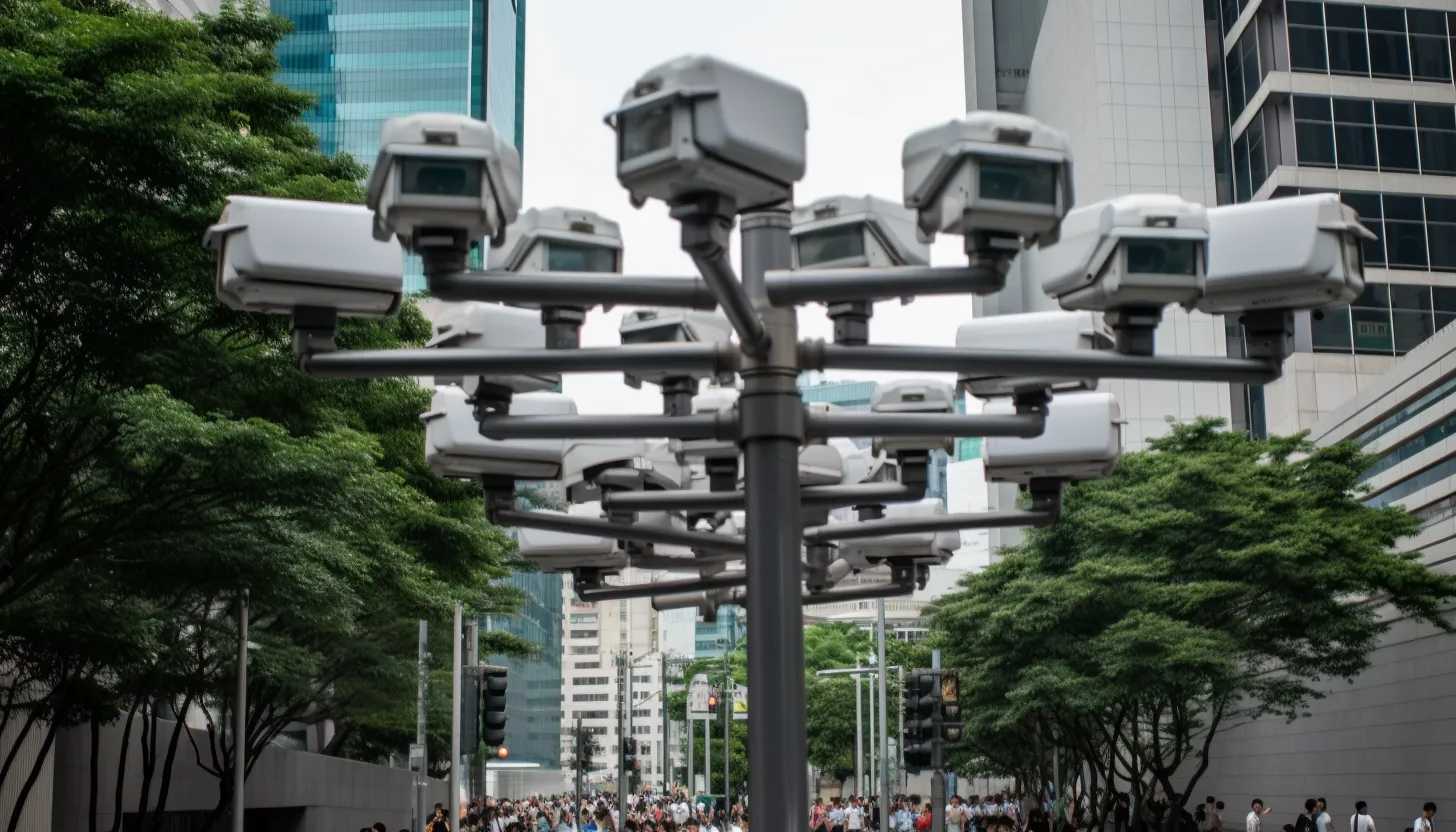 Chinese surveillance cameras outside the Central Government Offices in Hong Kong, China, July 7, 2020, taken with Nikon D850