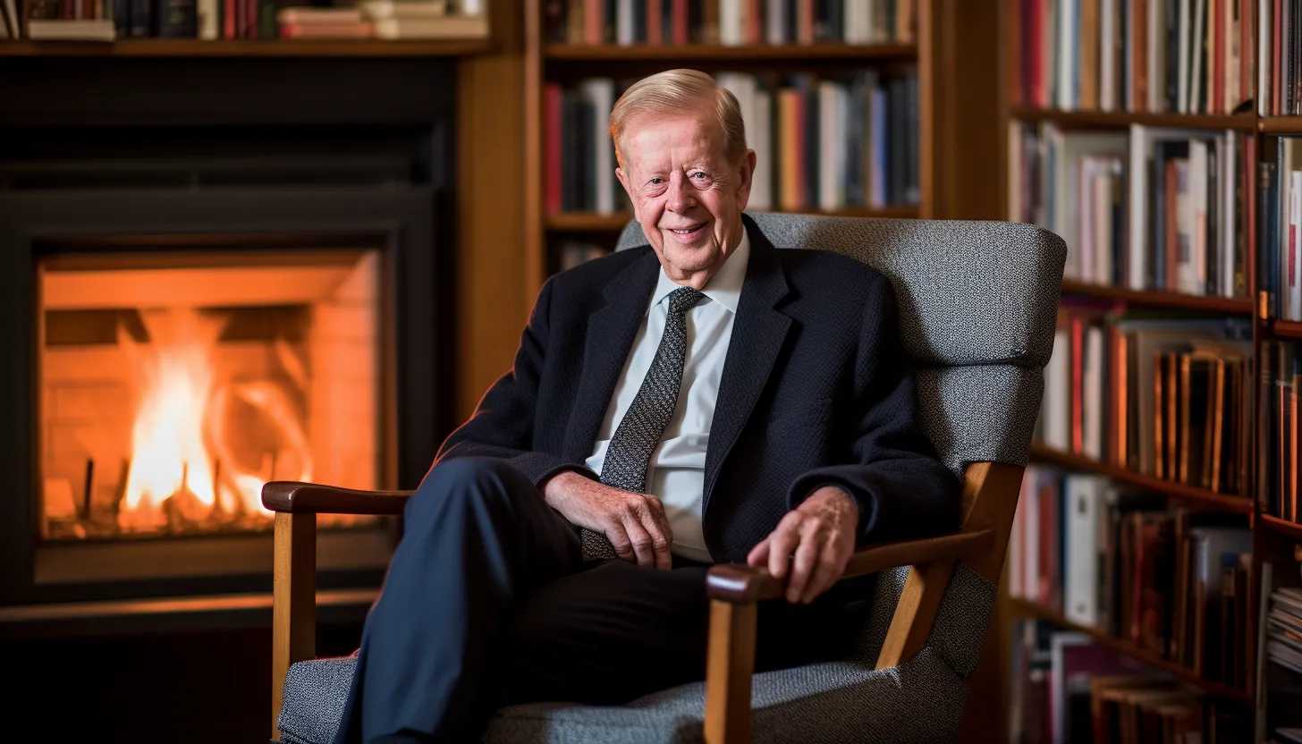 An elegant portrait of Jimmy Carter, smiling warmly while seated comfortably in his home; a collection of family pictures in the background hint at the full life he's lived. Taken with a Canon EOS 5D Mark IV.