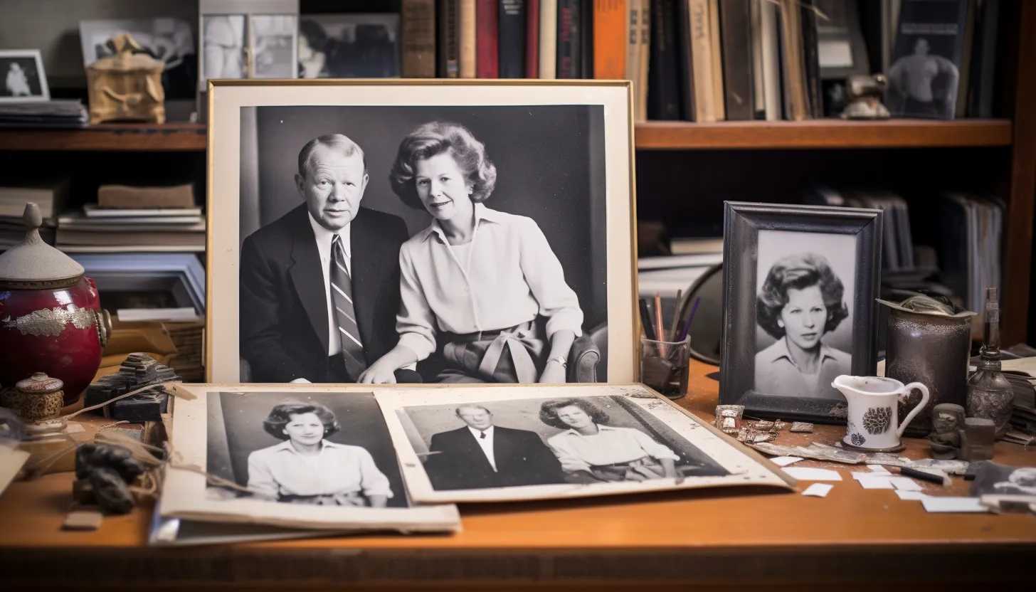 A poignant picture showing a cluttered desk with decades-old photographs. A sole, slightly worn out picture frame, standing amidst the chaos, hosts a black and white photograph of a young Jimmy and Rosalynn Carter on one of their annual family gatherings. Taken with a Nikon D850.