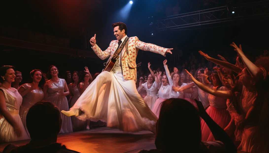 Elvis Presley charming the crowd during a live performance, mesmerizing fans with his iconic charisma (taken with a Nikon D850)
