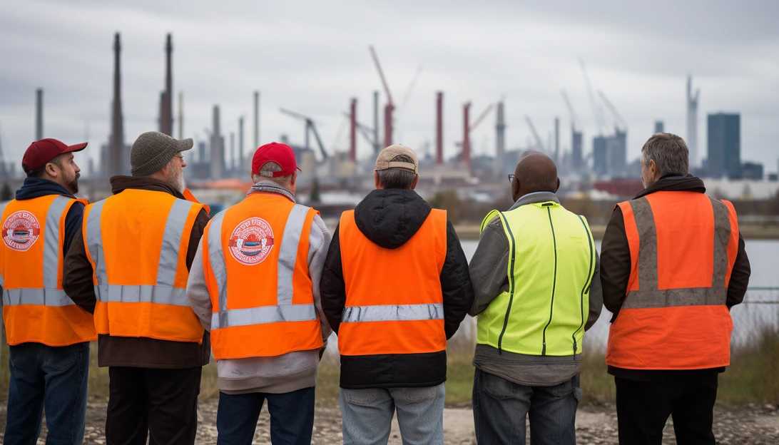 A photograph of UAW union members standing in solidarity on the picket line, with the Detroit skyline in the background, taken with a Sony Alpha 7R III.