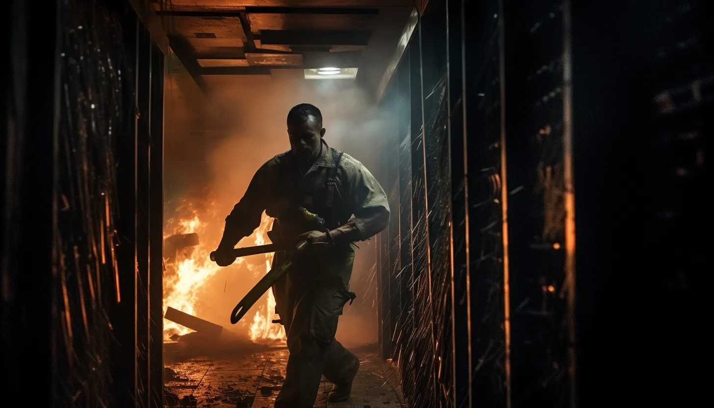 "A courageous fireman sawing through a locked store amid smoke and fire, captured with Canon EOS R5."