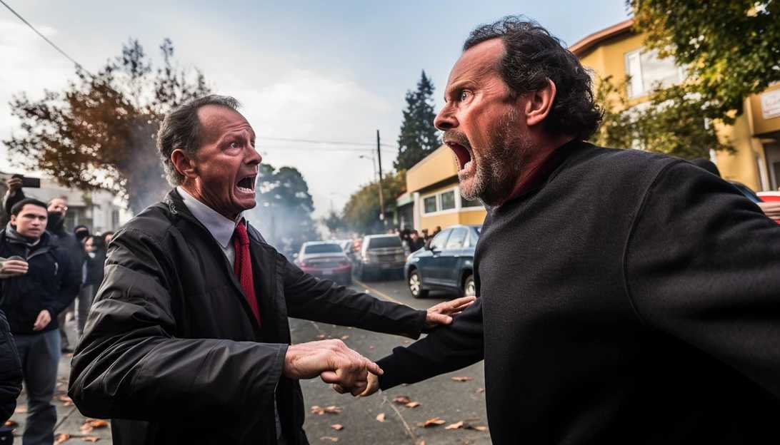 A photo of a heated exchange between a landlord and a tenant during the clashes in Berkeley, highlighting the intensity of the confrontation, taken with a Sony Alpha a7III.
