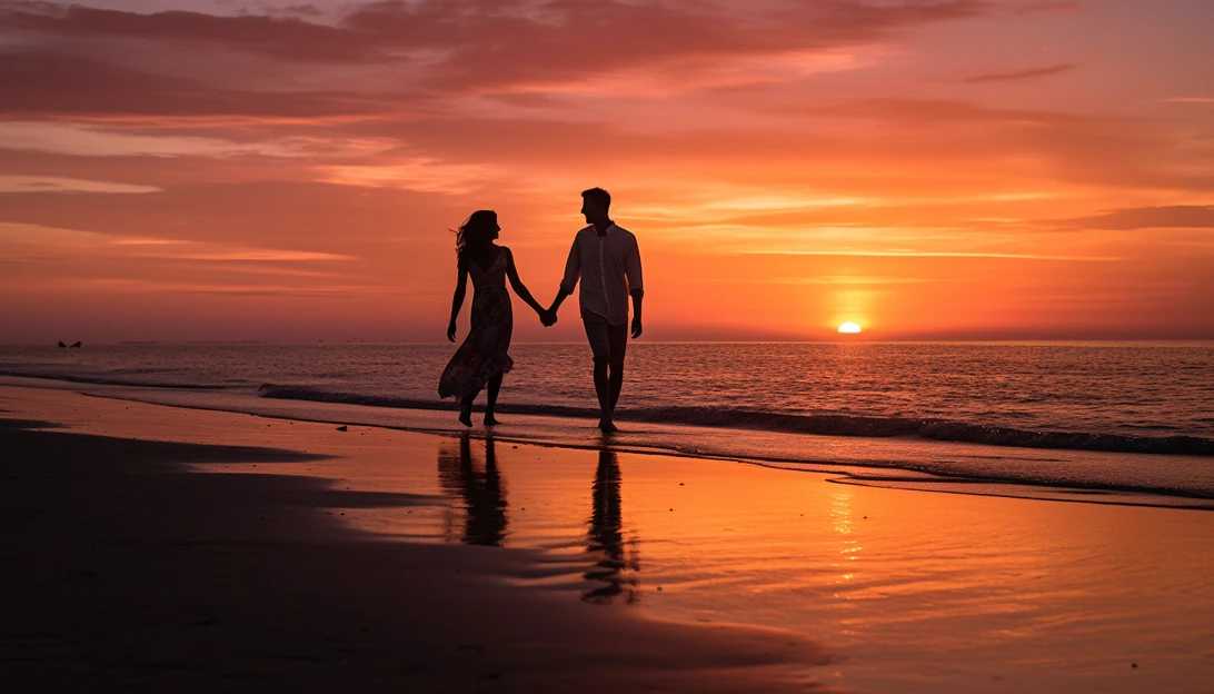 A couple enjoying a sunset stroll on the beach, showcasing the shared experiences and connection that form the foundation of their relationship. (Photo prompt taken with Canon EOS 5D Mark IV)